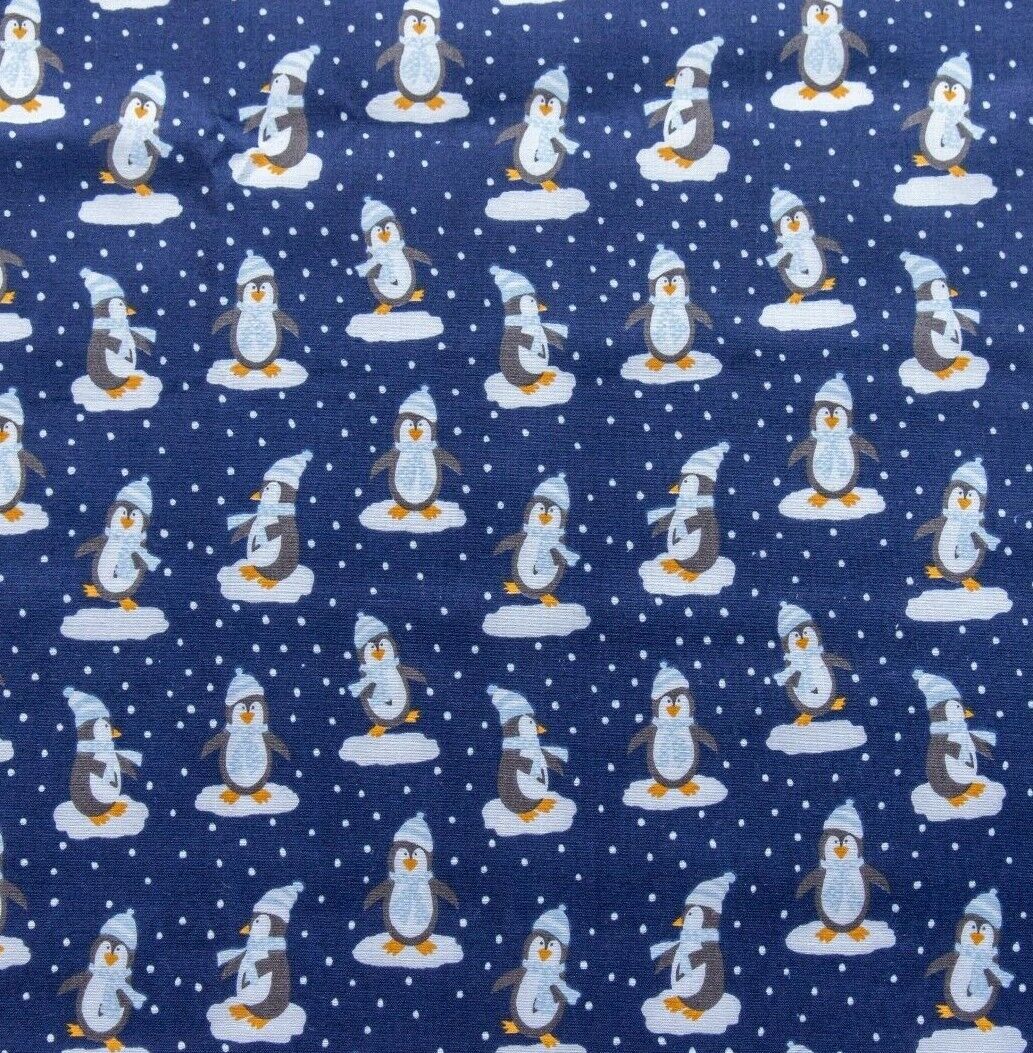 Christmas Dancing Penguin Polycotton Floral Fabric - Navy