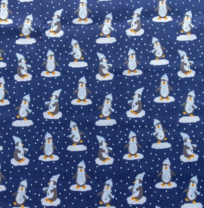 Christmas Dancing Penguin Polycotton Floral Fabric - Navy