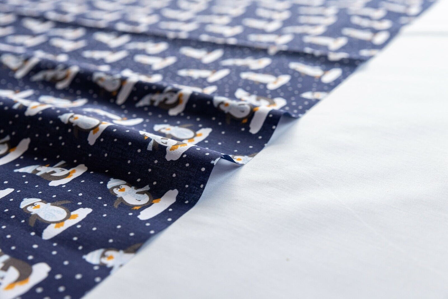 Christmas Dancing Penguin Polycotton Floral Fabric - Navy