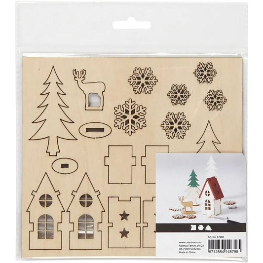 Christmas House Tree Roe Deer Plywood Self Assembly Figures With Foot 15.5cmx17.5cm Decoration Craft