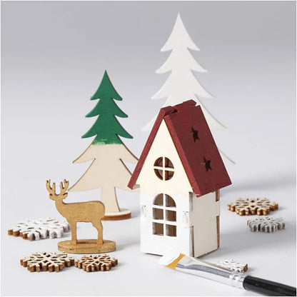 Christmas House Tree Roe Deer Plywood Self Assembly Figures With Foot 15.5cmx17.5cm Decoration Craft