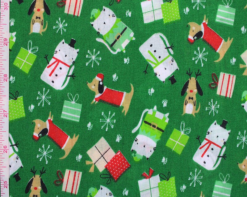 Christmas Sally Cats Polycotton Floral Fabric - Green