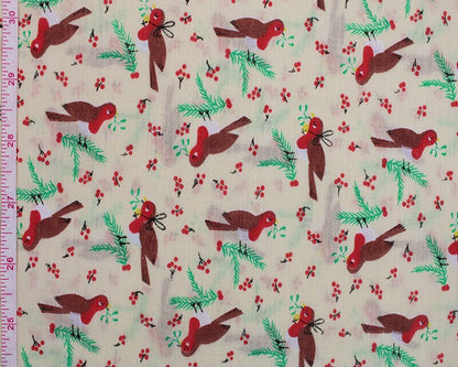 Christmas Sally Rocking Robin Polycotton Floral Fabric - Cream