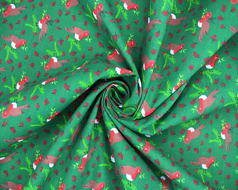 Christmas Sally Rocking Robin Polycotton Floral Fabric - Green