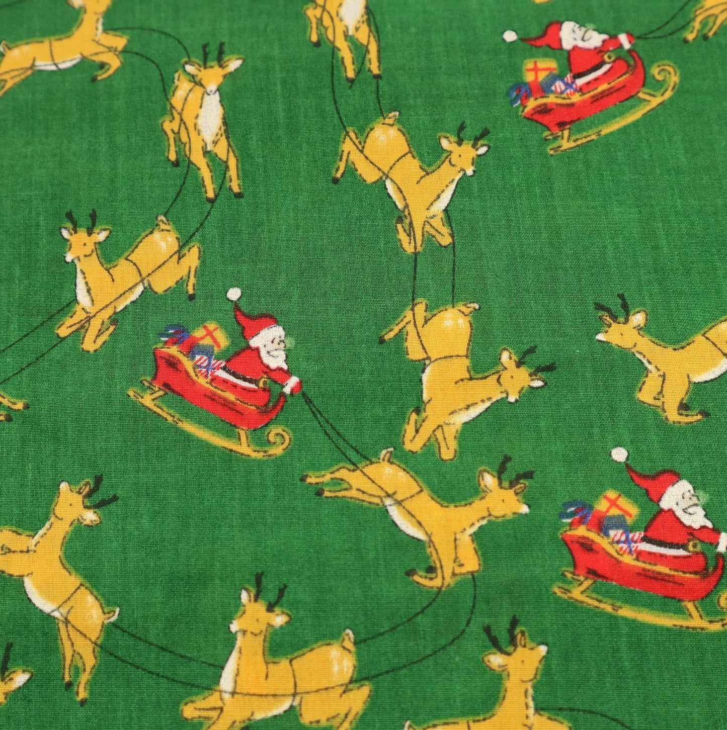 Christmas Santa Sleigh Polycotton Floral Fabric - Green