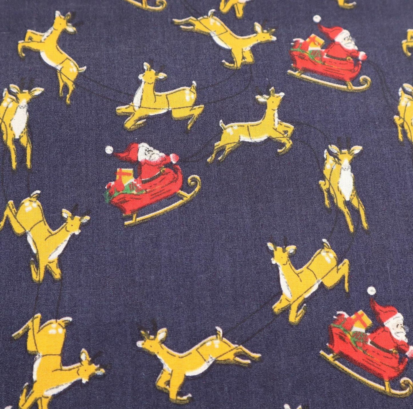 Christmas Santa Sleigh Polycotton Floral Fabric - Navy