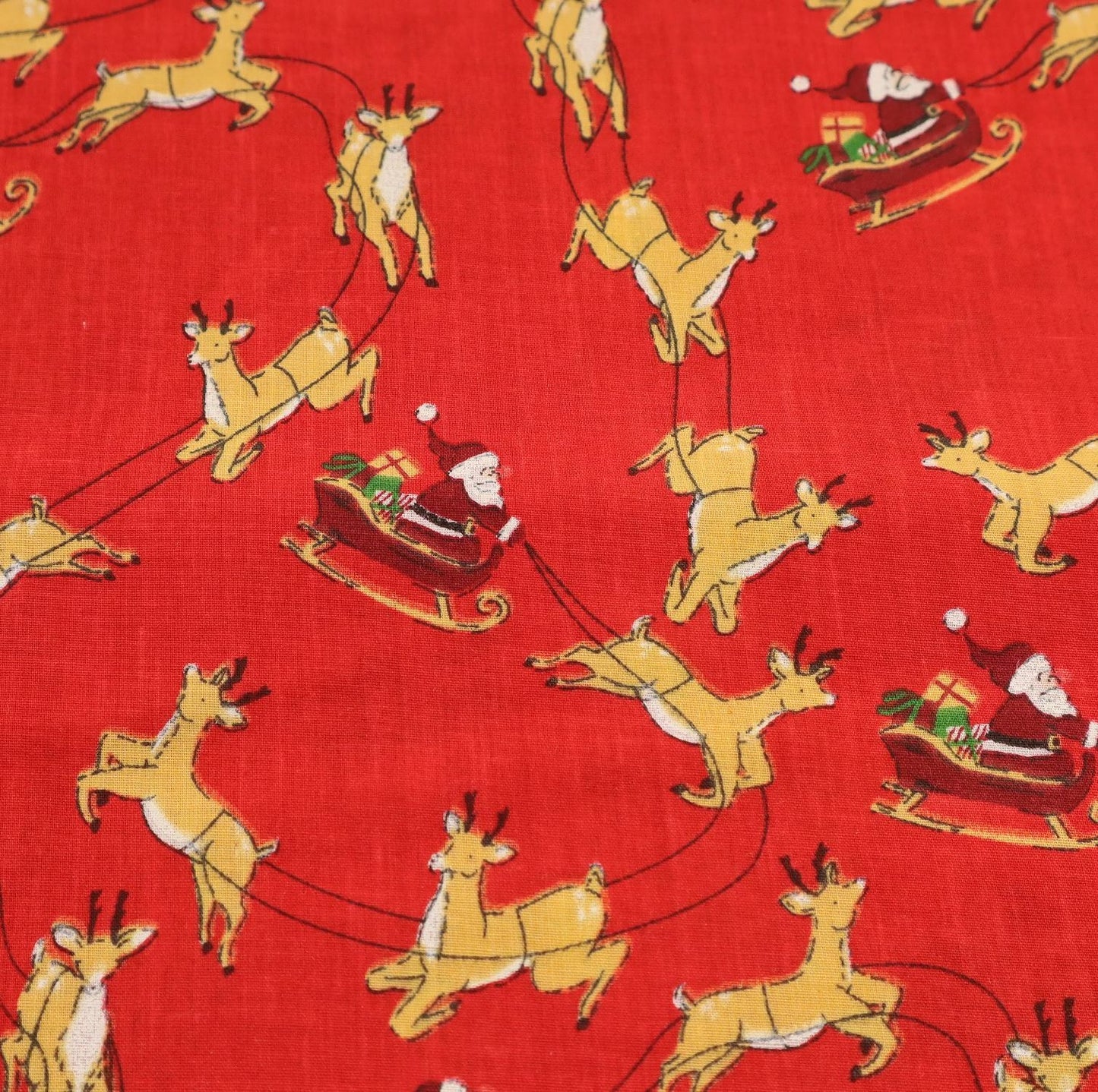 Christmas Santa Sleigh Polycotton Floral Fabric - Red