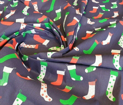 Christmas Stockings Polycotton Floral Fabric - Navy