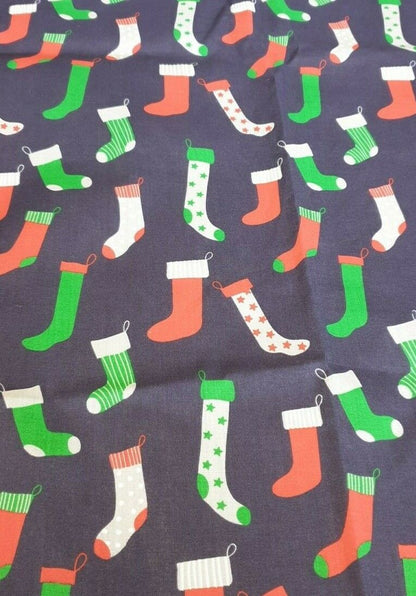 Christmas Stockings Polycotton Floral Fabric - Navy