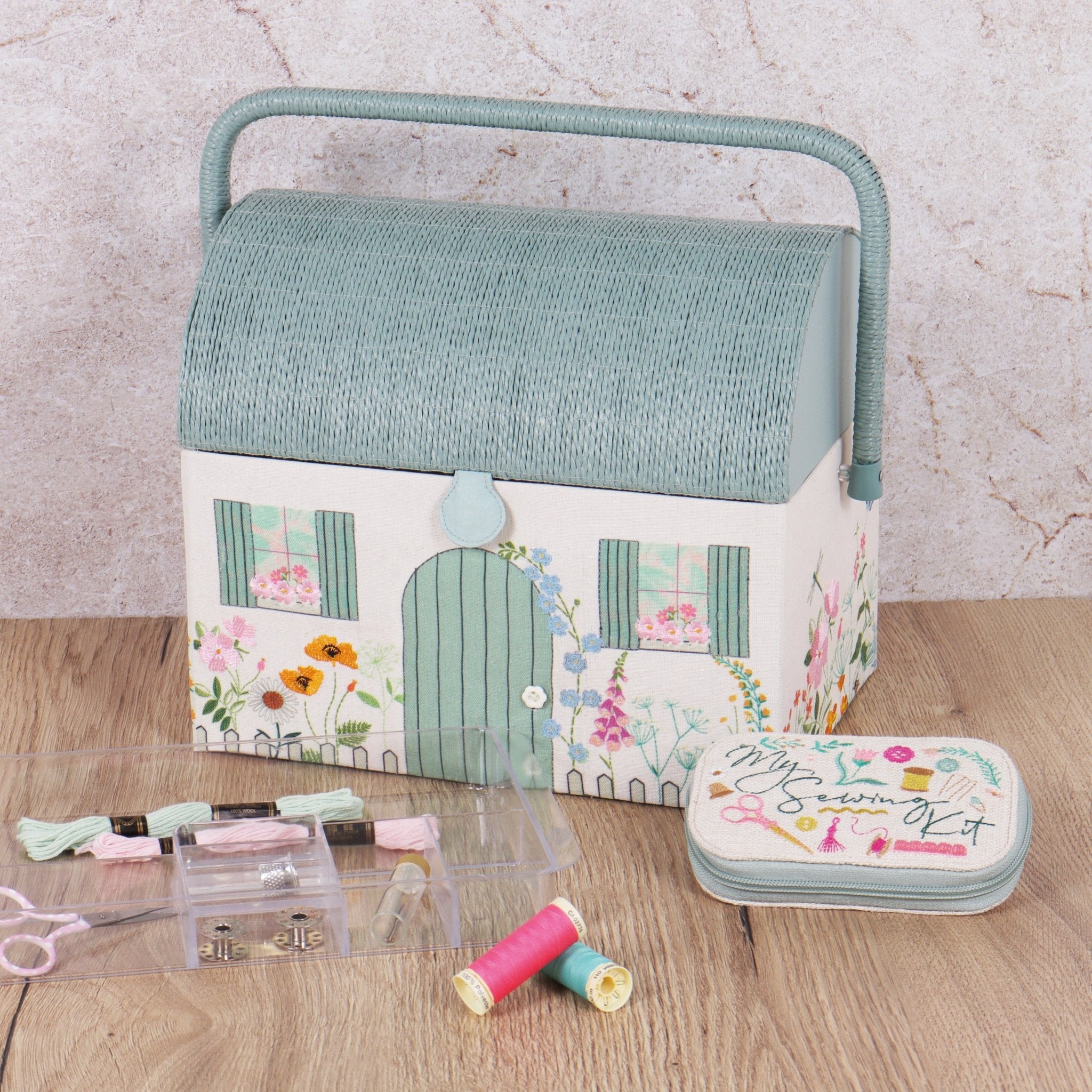 Country Cottage Sewing Box - Embroidered Design with Wicker Roof & Han ...