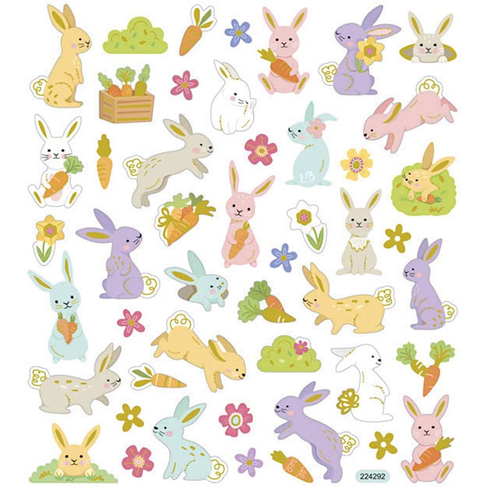 Easter Bunny Stickers - Foil Detail Self-Adhesive Sheet - 15x16.5cm - Home-Crafts