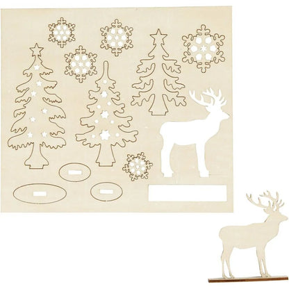 Forest With Roe Deers Plywood Self Assembly Figures With Foot 15.5cmx17.5cm Decoration Craft