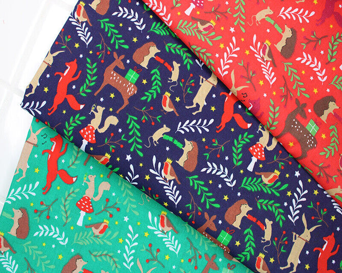 Christmas Sally Forest Party Polycotton Floral Fabric - Green