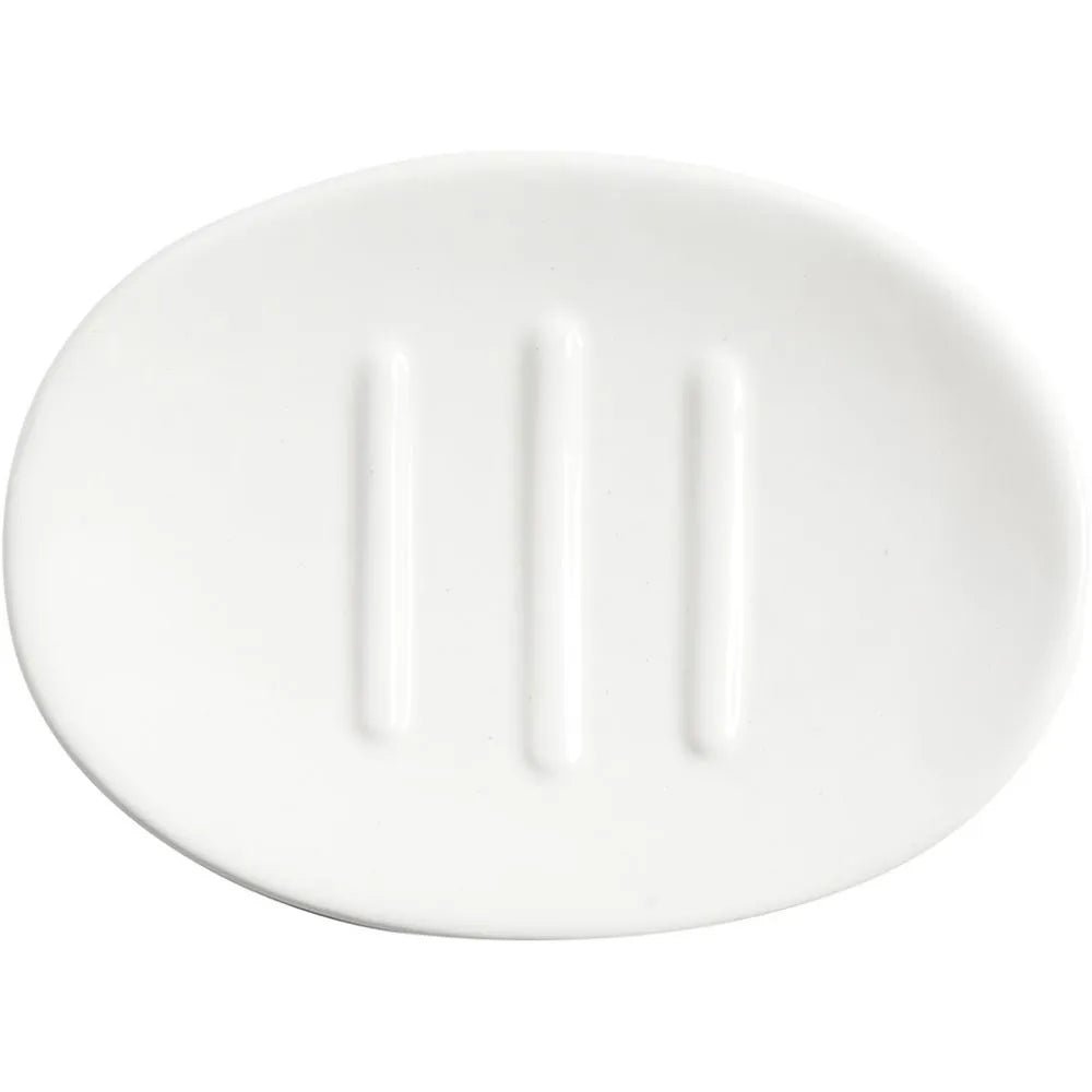 Glazed ceramic Oval Soap Dish glossy White Grooved Base 13.5cm