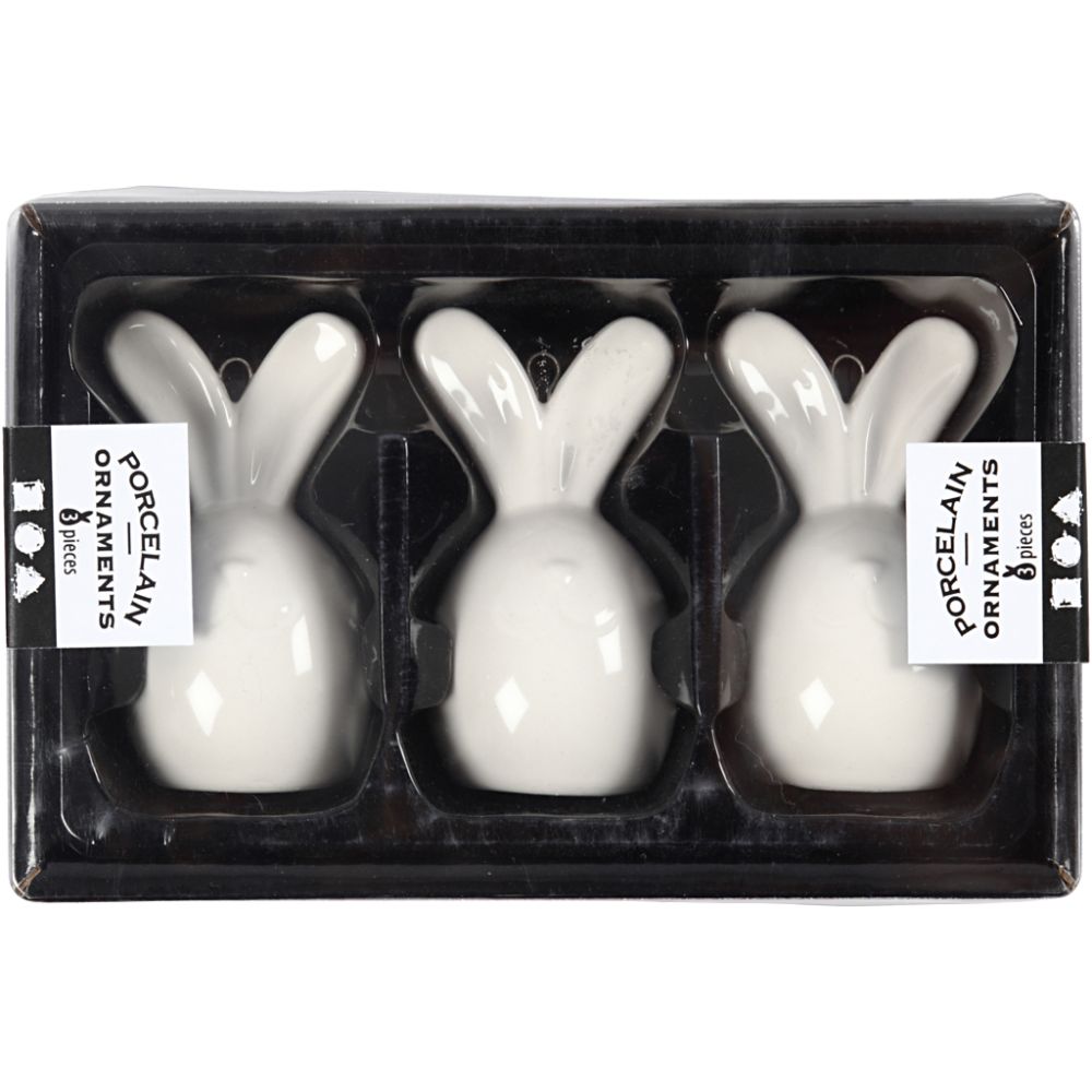Glazed Ceramic Rabbit Ornaments - Set of 3 White Hares with Metal Hanging Loop - Home-Crafts