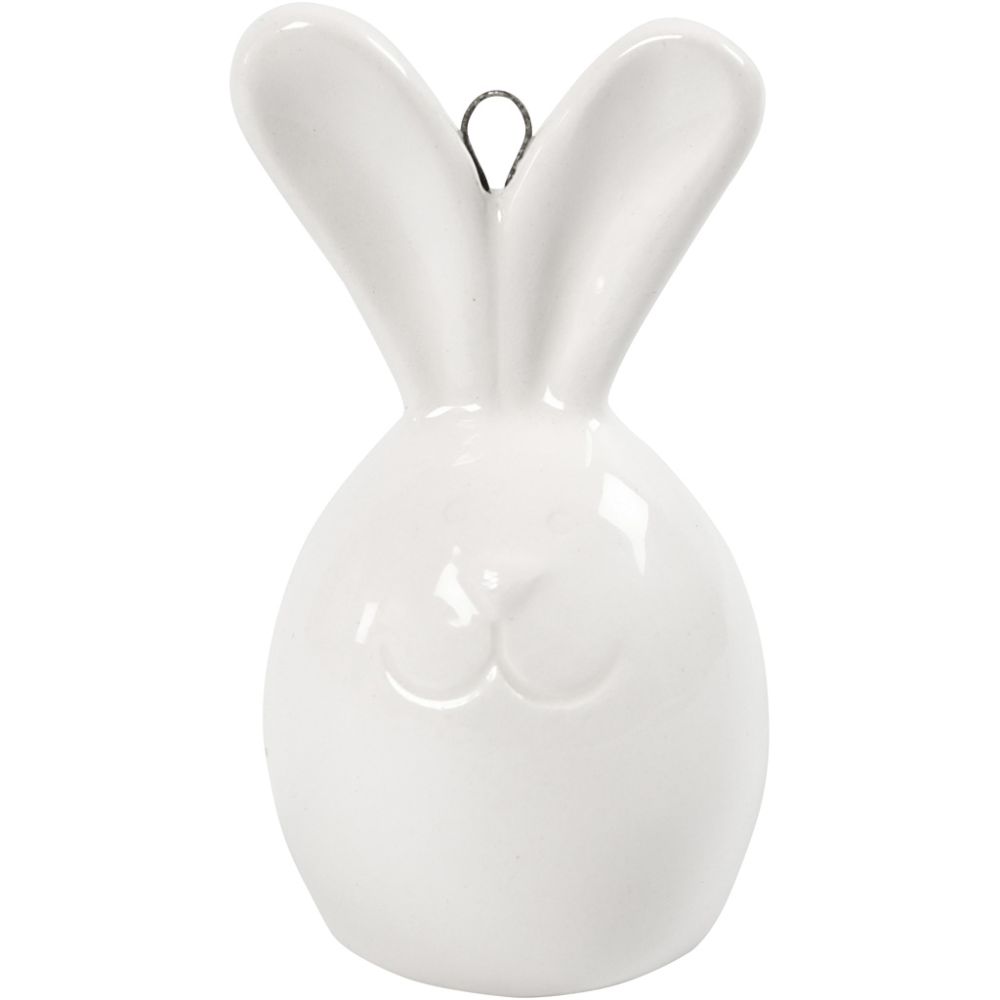 Glazed Ceramic Rabbit Ornaments - Set of 3 White Hares with Metal Hanging Loop - Home-Crafts