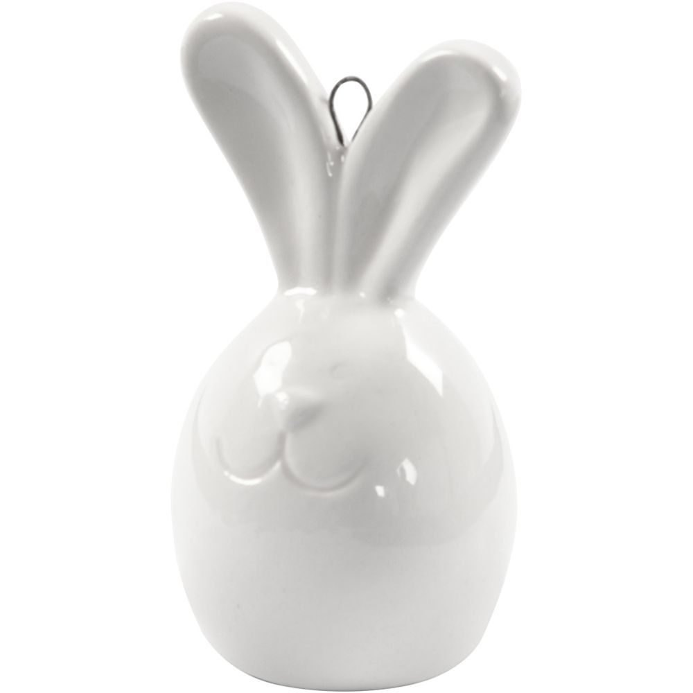 Glazed Ceramic Rabbit Ornaments - Set of 3 White Hares with Metal Hanging Loop - Home-Crafts