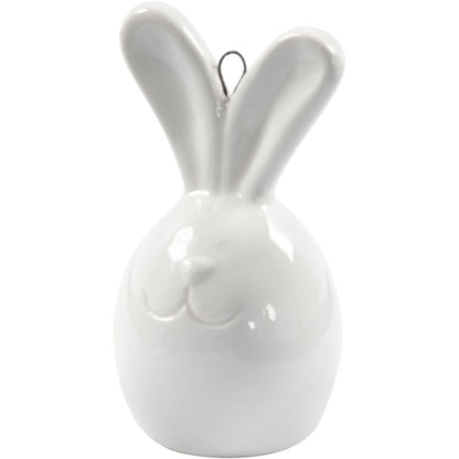 Glazed Ceramic Rabbit Ornaments - Set of 3 White Hares with Metal Hanging Loop - Home-Crafts