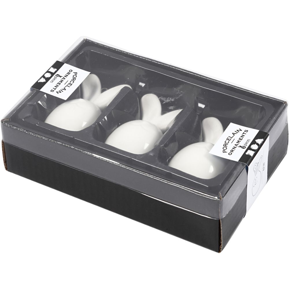 Glazed Ceramic Rabbit Ornaments - Set of 3 White Hares with Metal Hanging Loop - Home-Crafts