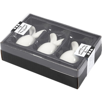 Glazed Ceramic Rabbit Ornaments - Set of 3 White Hares with Metal Hanging Loop - Home-Crafts