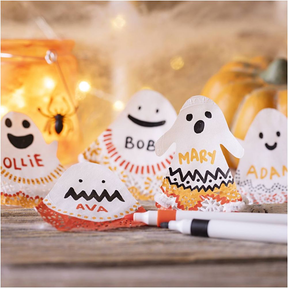 Halloween Ghost Place Card Kit - Create Spooky Table Decorations with Doilies & Markers - Home - Crafts