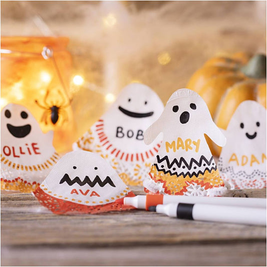 Halloween Ghost Place Card Kit - Create Spooky Table Decorations with Doilies & Markers - Home - Crafts
