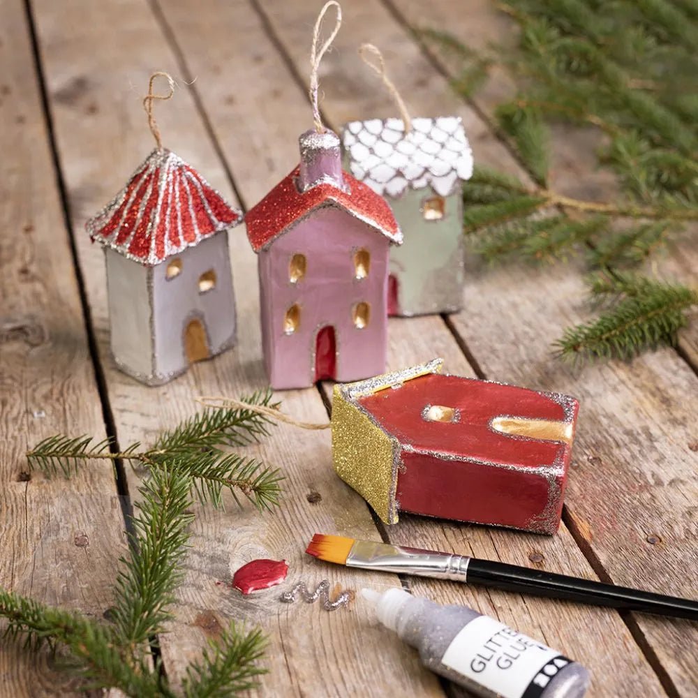 Handmade Cardboard Hanging Houses Papier-Mache Paintable Decoration Christmas Tree Winter