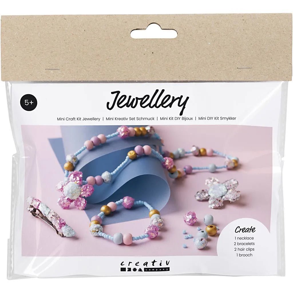 Kid's Jewellery Craft Kit Necklace Bracelet Clips Brooch Pastel Blue Pink - All Materials Included