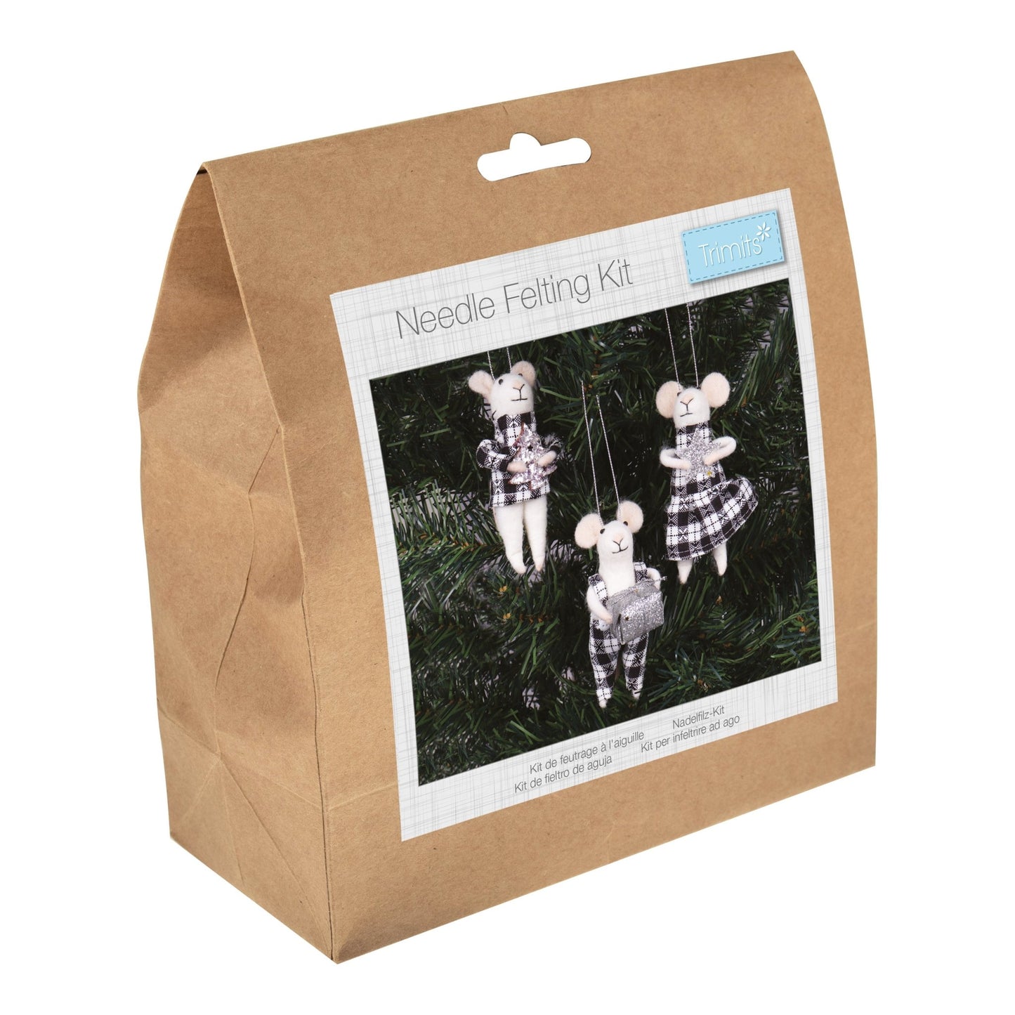 Mono Tartan Mice Trio Needle Felting Crafting Kit Cute Decorations Beginner Friendly