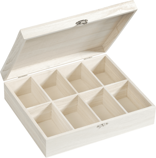 Natural Wooden Box Hinged Lid and Lock 27.5x23.5x7.5cm 8-Compartment Craft Box