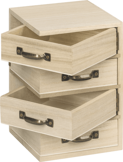 Natural Wooden Commode 12x12x18.5cm 4 Swing-Out Drawers Metal Handles Craft Box