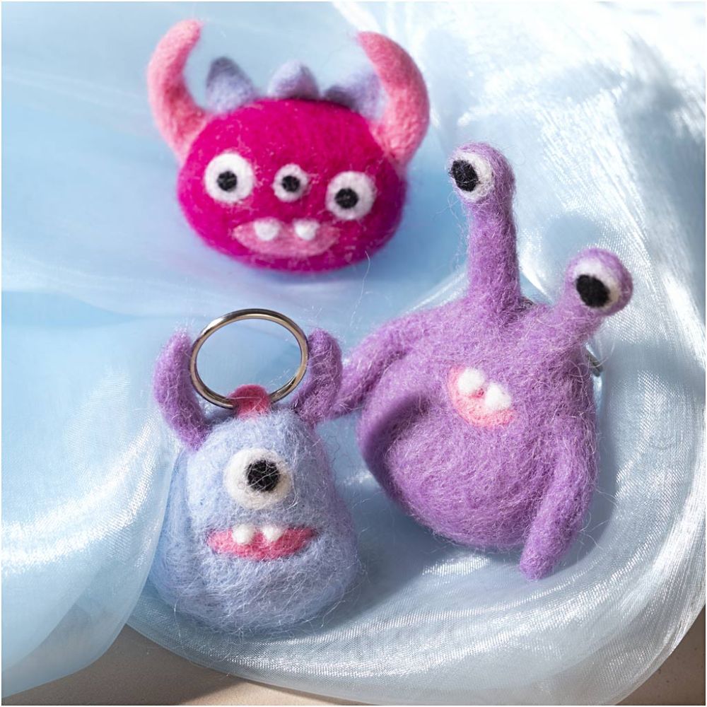 Needle Felting Monster Kit - Create 3 Felt Creature Keyrings with Wool & Polystyrene - Home - Crafts