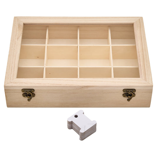 Paulownia Wood Floss Skein Box - 12 Compartments with Clear Lid & 50 Bobbins - Home - Crafts
