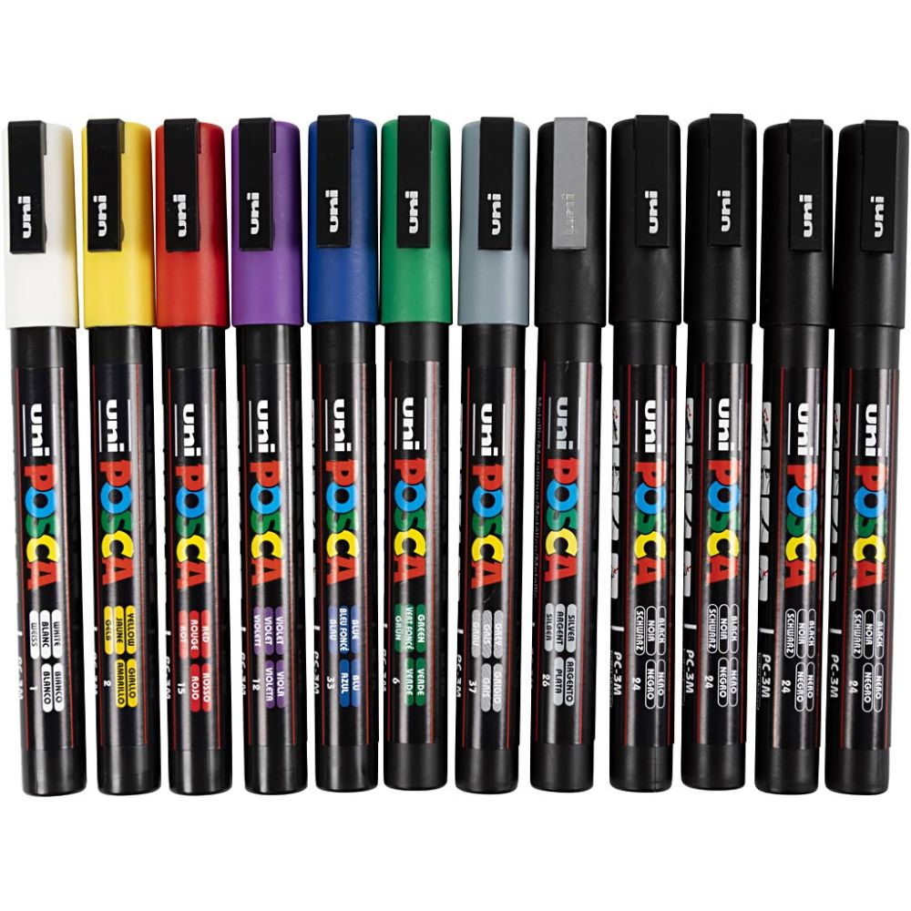 Posca Marker PC-3M Fine 12 Pack 0.9-1.3mm Assorted Colours Waterproof Paint Pen - Home-Crafts