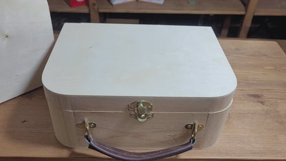 Wooden Plain Unfinished Suitcase Shape Boxes Craft Storage With Leather Look Handle