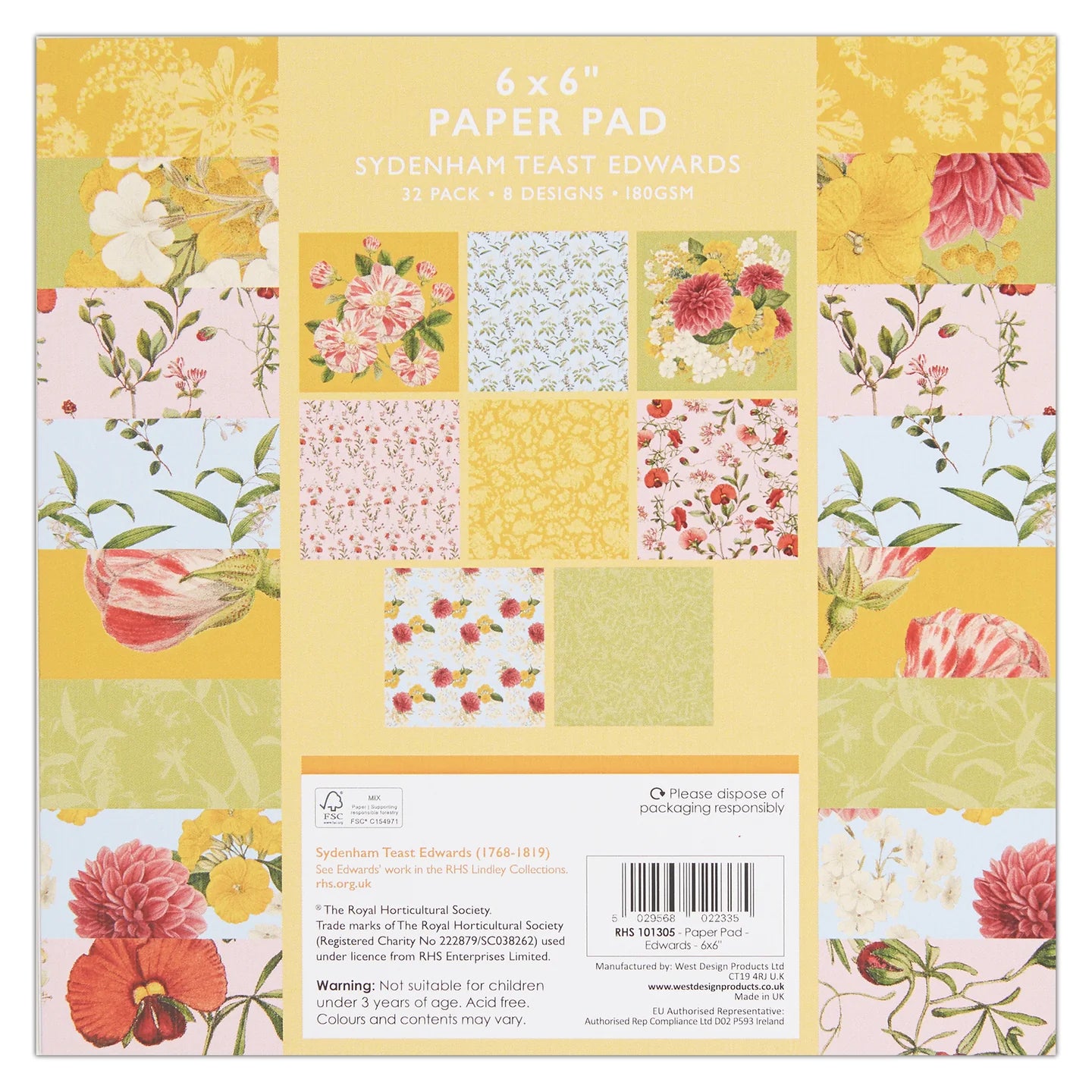 RHS Paper Pad, 180 GSM, 8 Edwards Designs, 6" x 6", 32 Sheets, Premium Patterned Paper, For Cardmaking, Scrapbooking, Decoupage