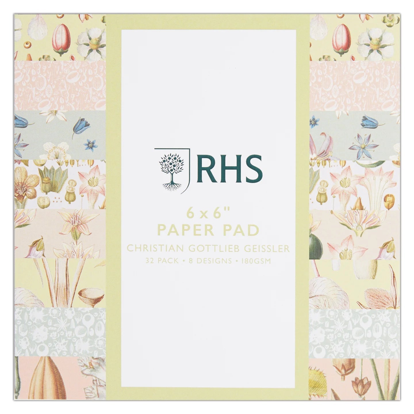 RHS Paper Pad, 180 GSM, 8 Geissler Designs, 6" x 6", 32 Sheets, Premium Patterned Paper, For Cardmaking, Scrapbooking, Decoupage