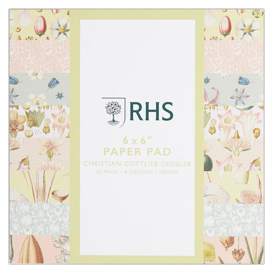 RHS Paper Pad, 180 GSM, 8 Geissler Designs, 6" x 6", 32 Sheets, Premium Patterned Paper, For Cardmaking, Scrapbooking, Decoupage