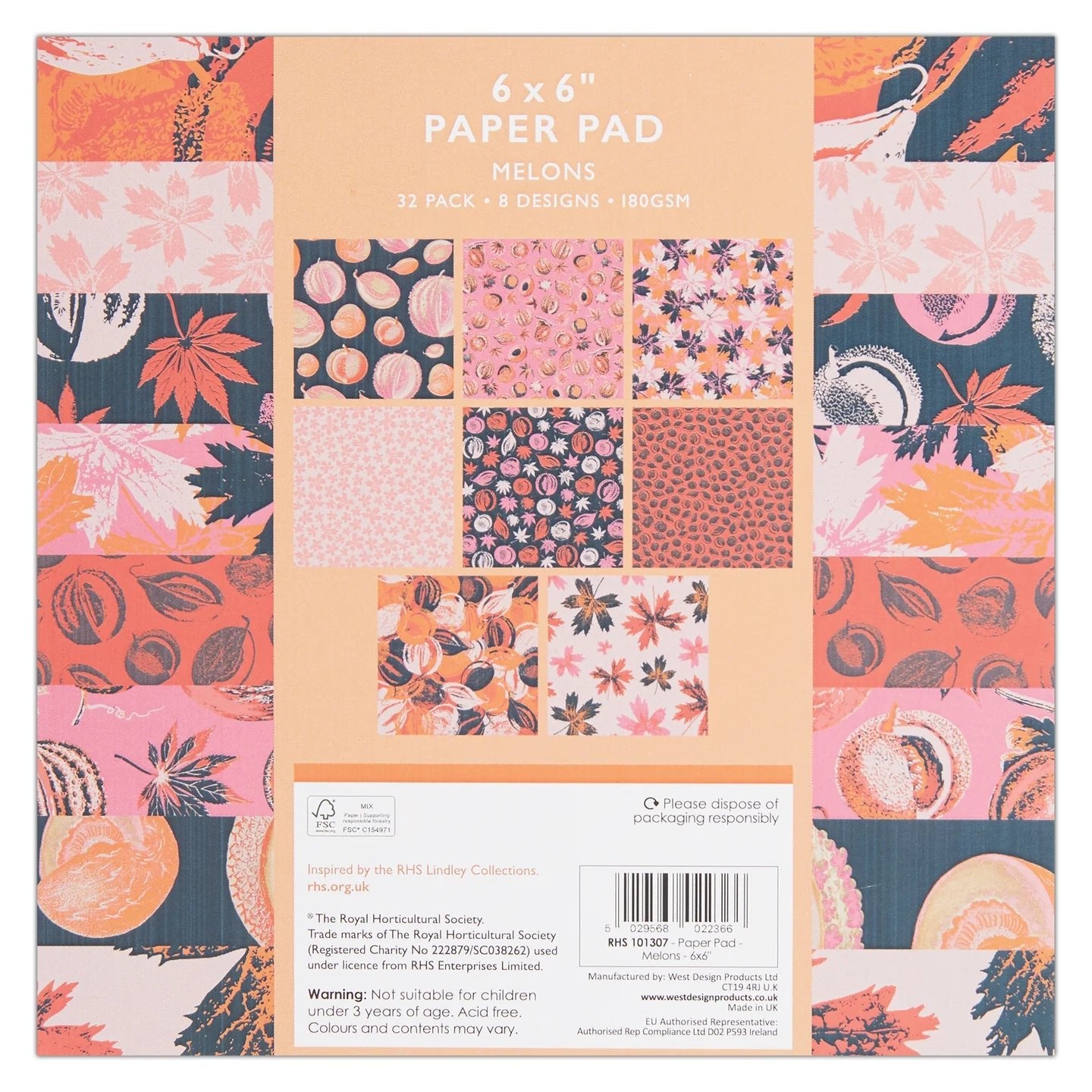RHS Paper Pad, 180 GSM, 8 Melons Designs, 6" x 6", 32 Sheets, Premium Patterned Paper, For Cardmaking, Scrapbooking, Decoupage