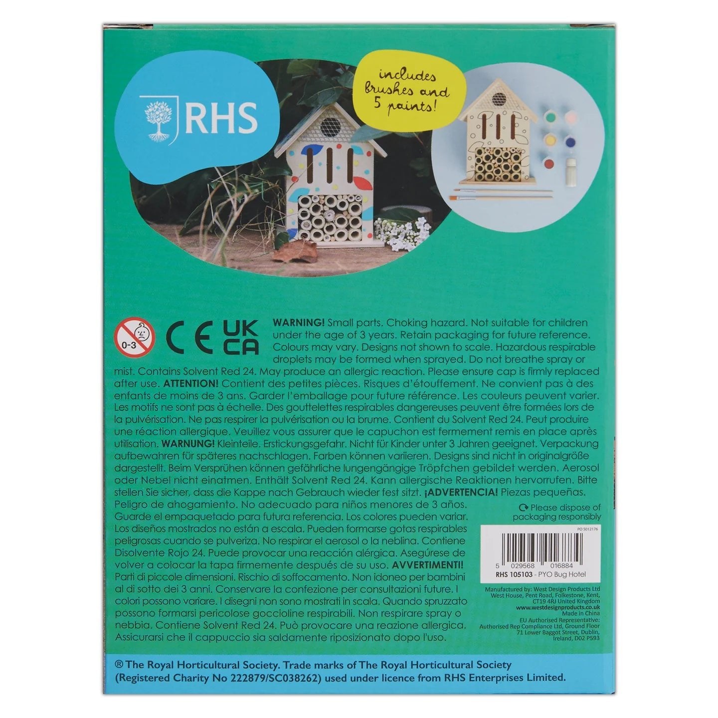 RHS The Royal Horticultural Society Paint Your Own Set With 5 Paints, Brush, Varnish & Instructions, Bug Hotel, White, Includes Paints, Brush & Guide, Blank Bug Hotel With Outlines
