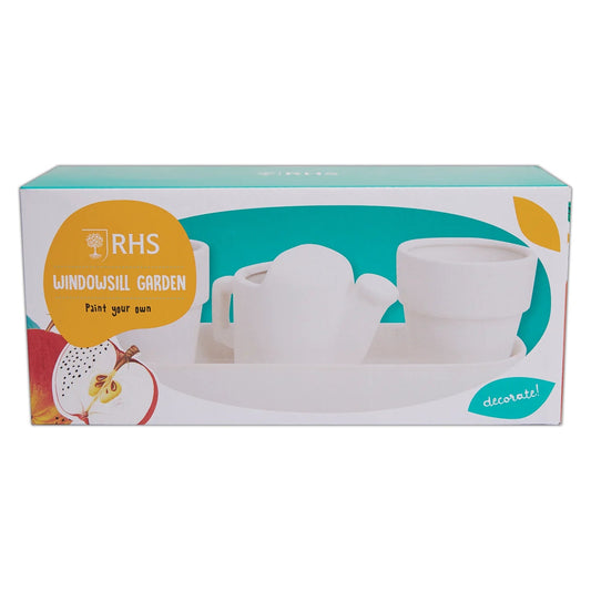RHS The Royal Horticultural Society Paint Your Own Set With 5 Paints, Brush, Varnish, Windowsill Garden, White, Includes Guide, Tray, 2 Plant Pots, 1 Watering Can Plant Pot
