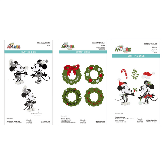 Spellbinders Say Cheese Classic Mouse Christmas Collection - Steamboat Willie Dies, Holiday Embellishments & Wreath Set - Home-Crafts