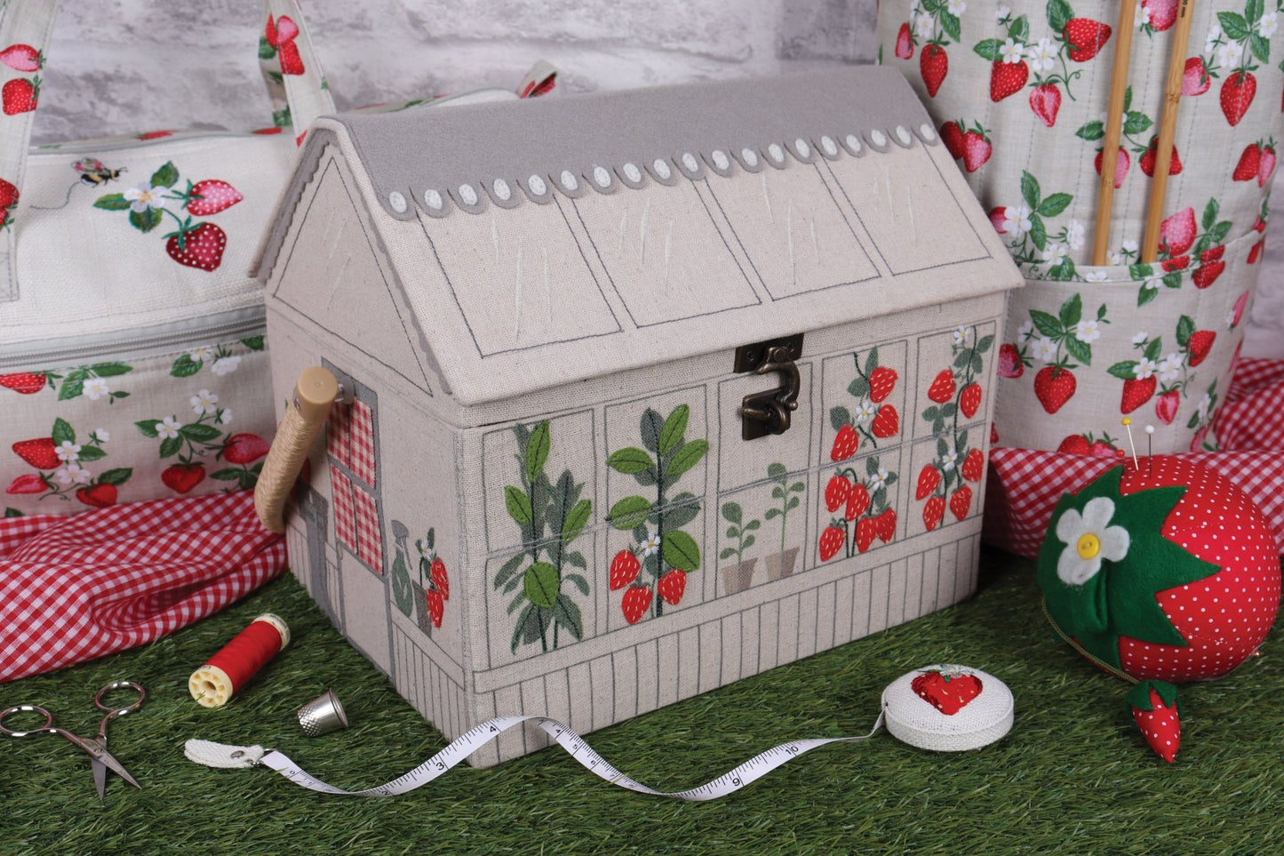 Strawberry Greenhouse Sewing Box - Embroidered Novelty Storage with Organiser Tray - Home - Crafts