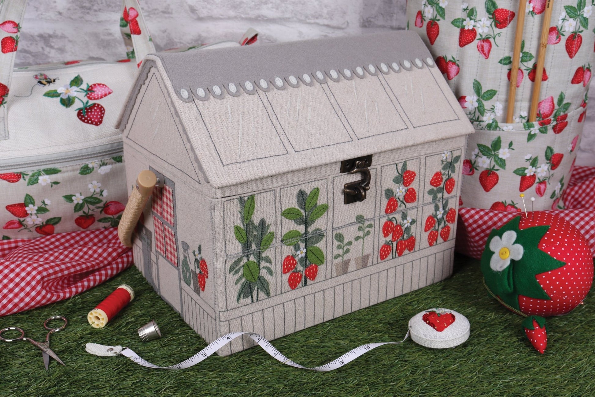 Strawberry Greenhouse Sewing Box - Embroidered Novelty Storage with Organiser Tray - Home - Crafts