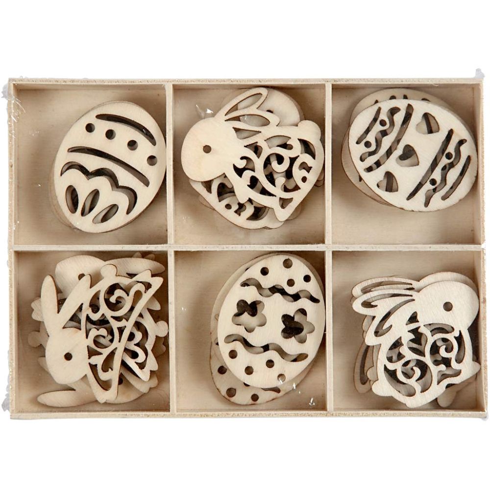 Wooden Easter Decorations - Eggs & Bunnies - 24pc Set with Wooden Box - Home-Crafts