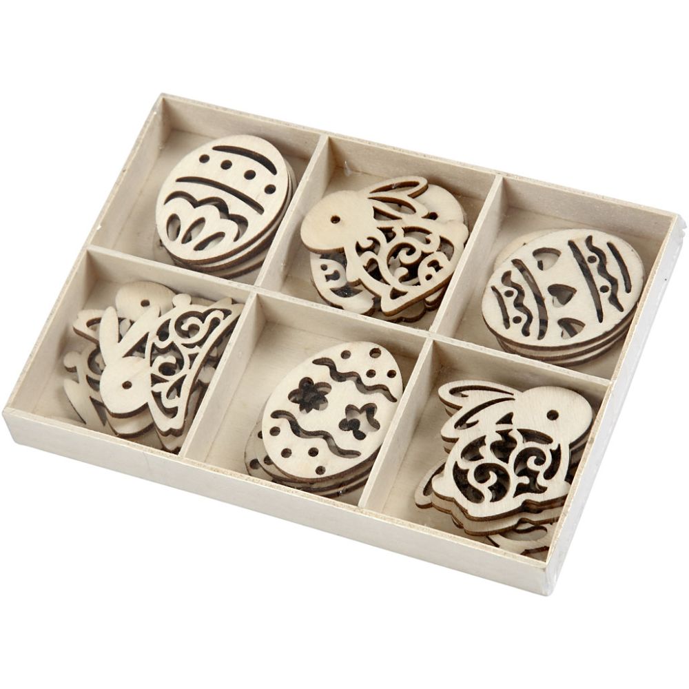 Wooden Easter Decorations - Eggs & Bunnies - 24pc Set with Wooden Box - Home-Crafts