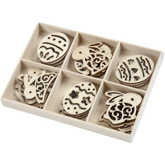 Wooden Easter Decorations - Eggs & Bunnies - 24pc Set with Wooden Box - Home-Crafts