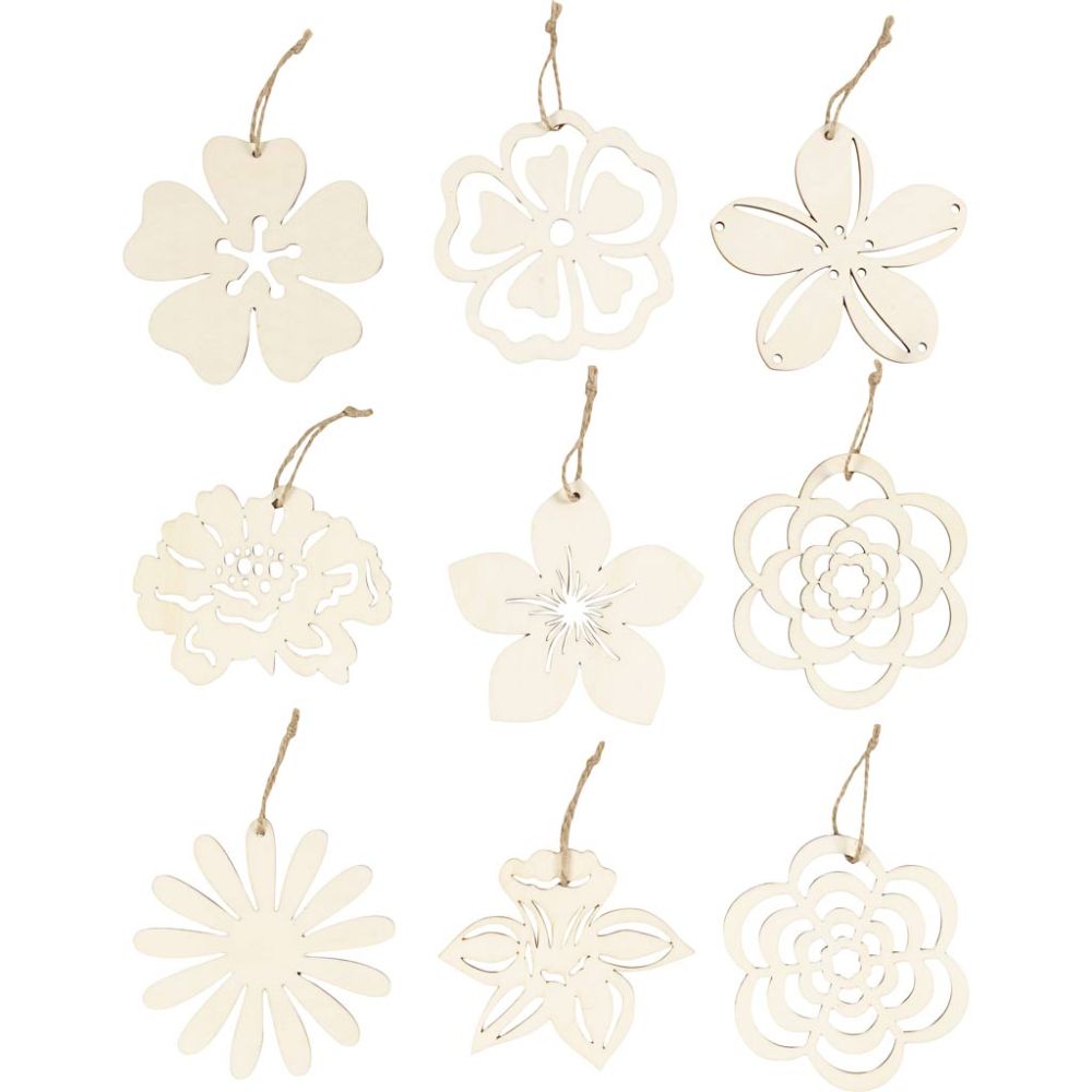Wooden Ornaments 90 Pack 100mm Flowers Laser Cut Light Wood with Cord - Home-Crafts
