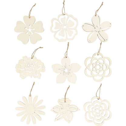 Wooden Ornaments 90 Pack 100mm Flowers Laser Cut Light Wood with Cord - Home-Crafts