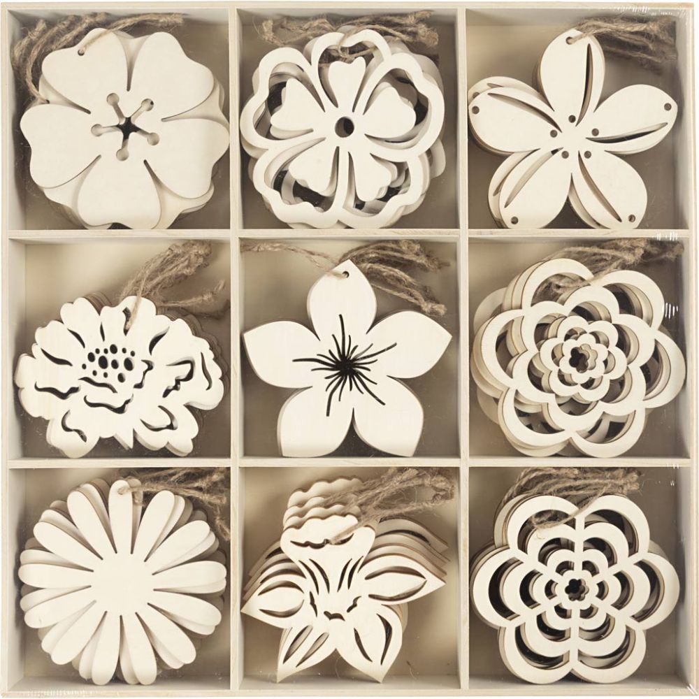 Wooden Ornaments 90 Pack 100mm Flowers Laser Cut Light Wood with Cord - Home-Crafts